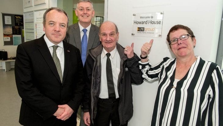 Manchester College names its Wythenshawe Campus Howard House after Kirsty Howard. PIC L-R: Mike Kane MP, John Thornhill (College Chief Executive), Stephen Howard and Lynn Howard.