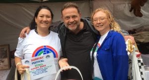 Volunteers Wendy Wilks and Helen Finch with John Thomson