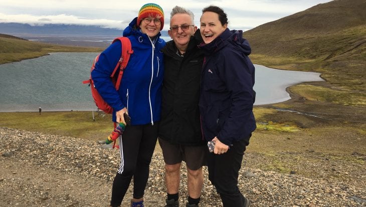 Gill Bevin, Francis House director of care, David Ireland Francis House CEO and Judith Ireland on a past trek to Iceland