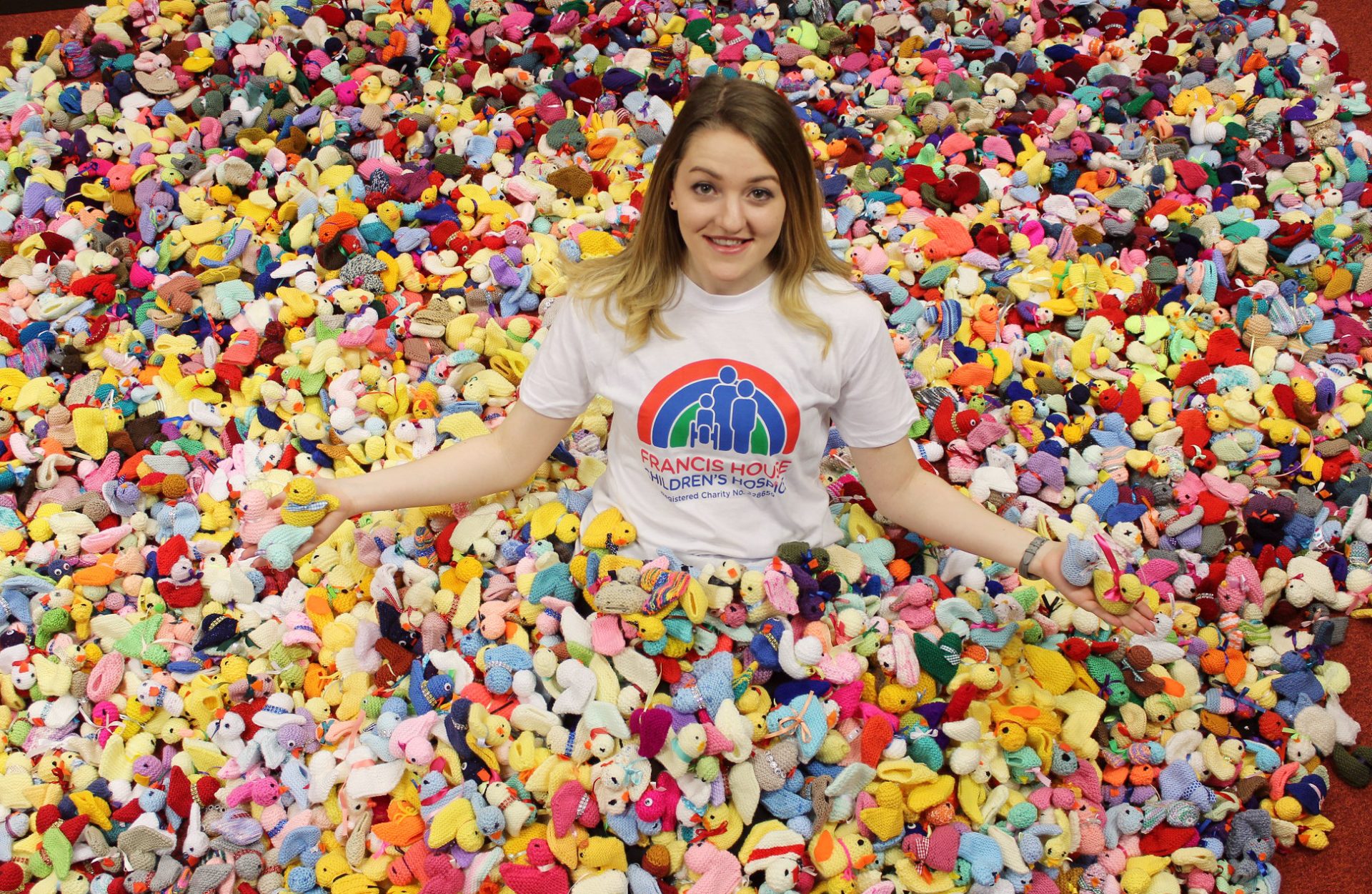Rachel Astill, Francis House fundraiser, with thousands of knitted chicks