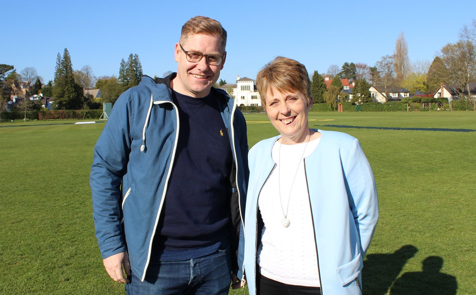 Dominic Ball chair of Bowdon Cricket Club with Francis House fundraiser Julie Williams.