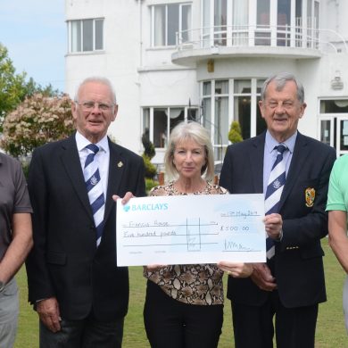 Chris Gillespie (left), Jim Hardman, Louie Gillespie, David Marsden and Rob Gillespie with funds from the Peter Gillespie memorial golf day in aid of Francis House.