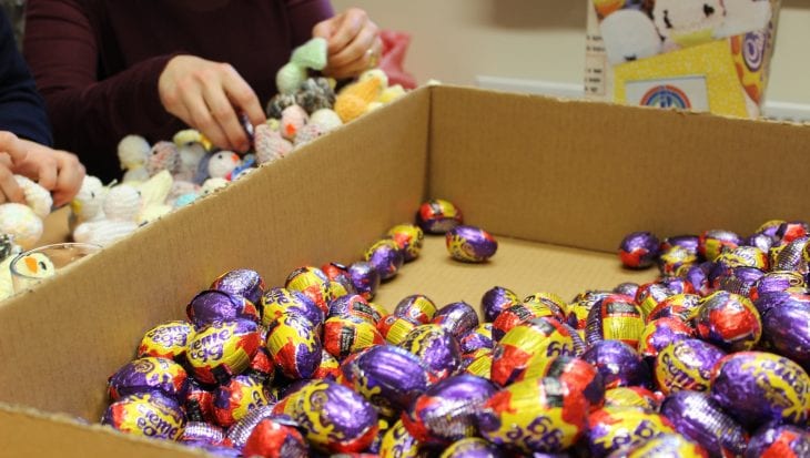 box creme eggs filling into knitted chicks