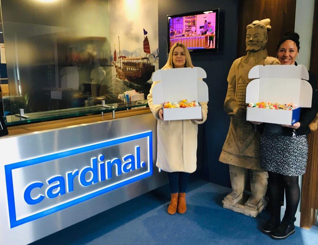 Women holding boxes of knitted chicks