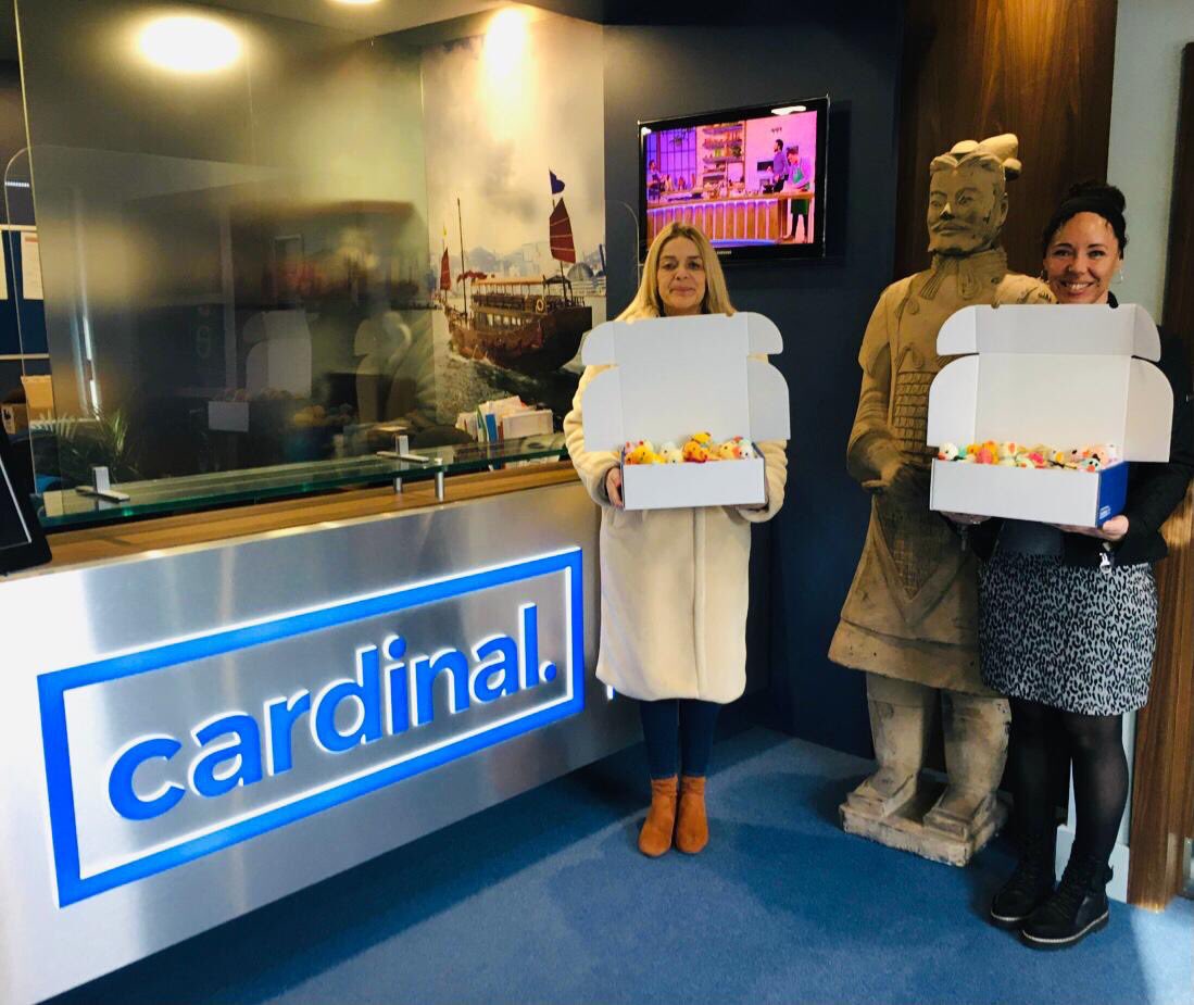 Women holding boxes of knitted chicks