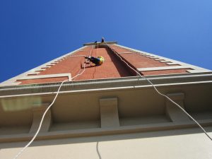 The view from directly below an abseiler on the Trafford Palazzo tower