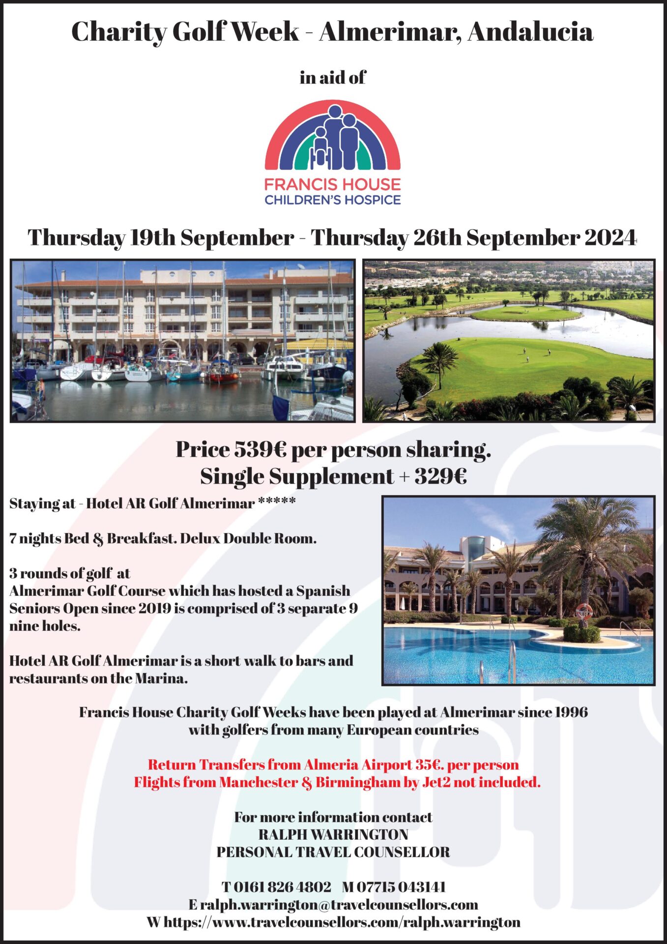 A flyer advertising the Almerimar Charity Golf Holiday