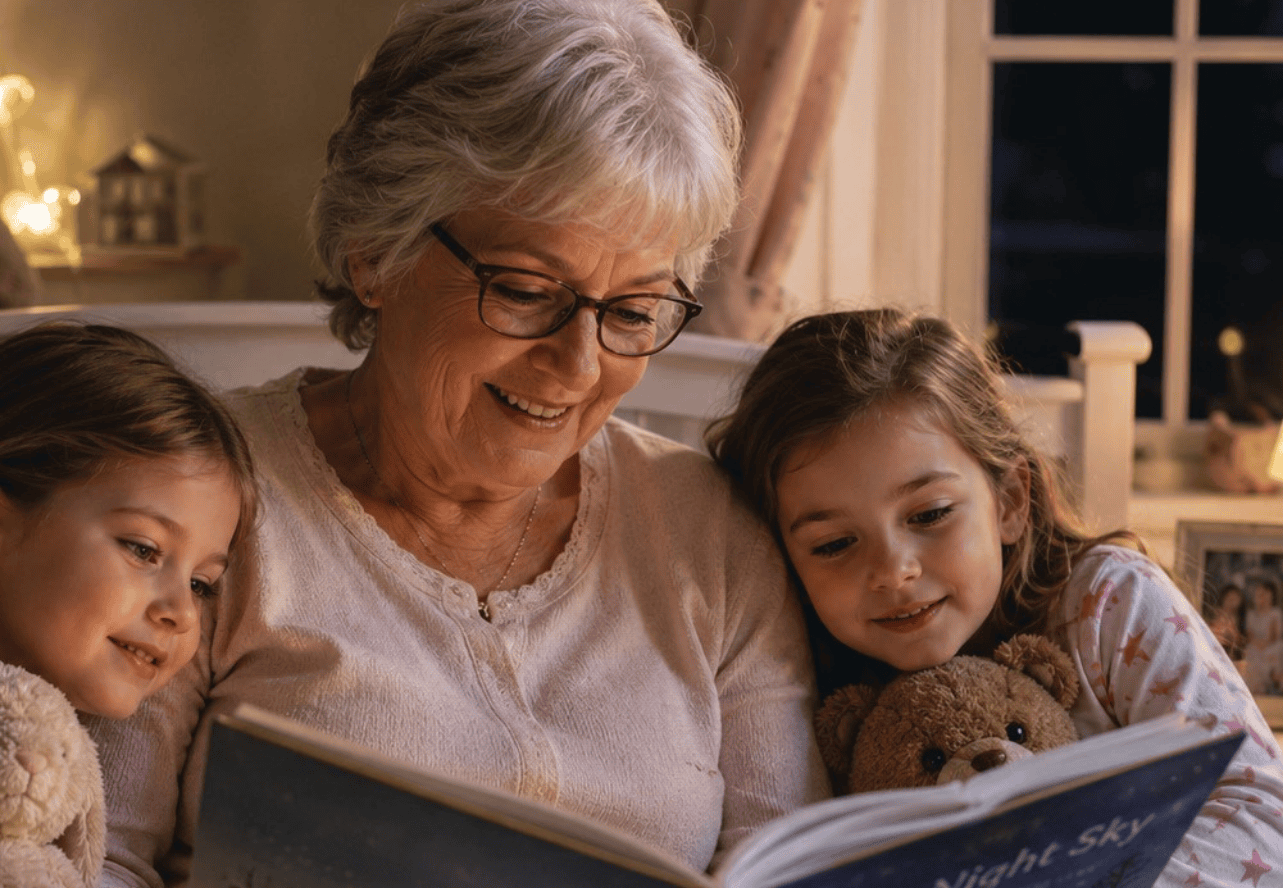 Grandma reads a book to two granddaughters
