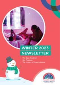 Winter newsletter cover with a photo in a circle of a child and woman in a sensory light room and a snowman on a red background. 