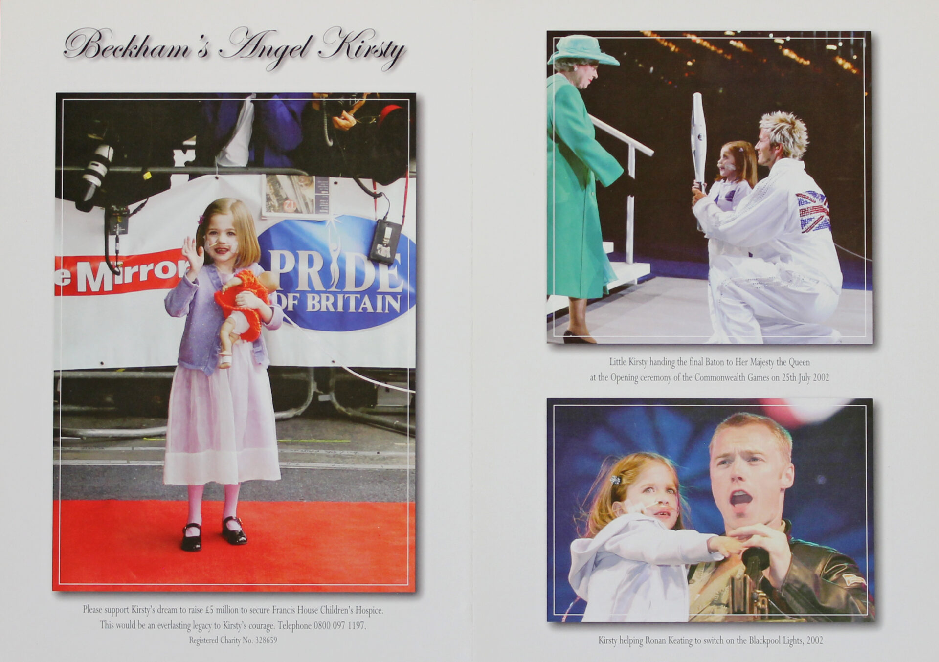 Collage of photos of Kirsty Howard with David Beckham and Ronan Keating