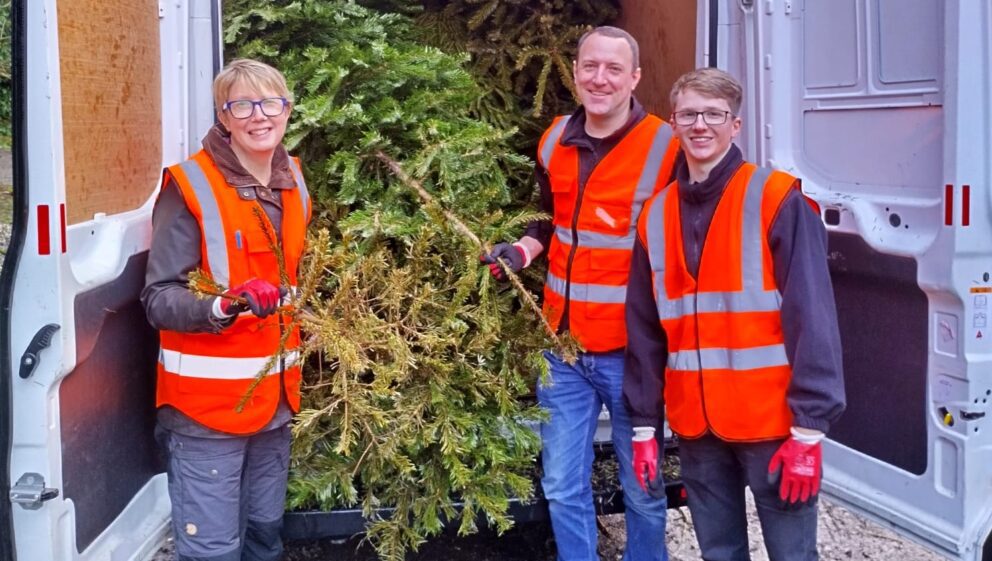 Three people wearing hi-vis jackets stood infront of a white van with the doors open and loading a Christmas tree inside