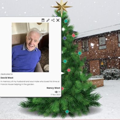 Picture of a man with grey hair wearing a blue jumper over a background of a virtual Christmas tree