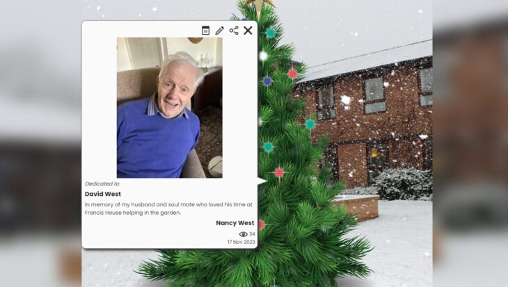 Picture of a man with grey hair wearing a blue jumper over a background of a virtual Christmas tree