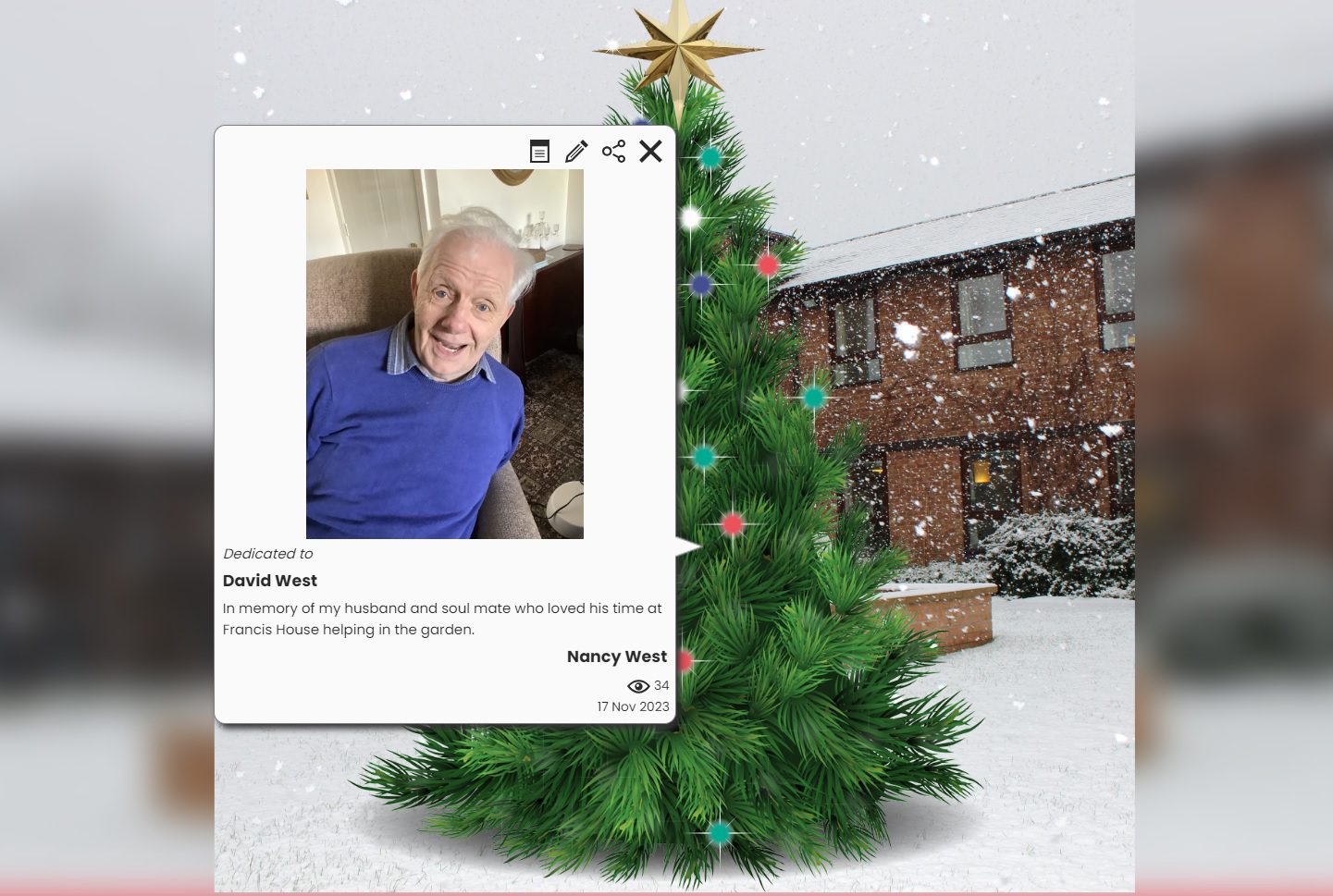 Picture of a man with grey hair wearing a blue jumper over a background of a virtual Christmas tree