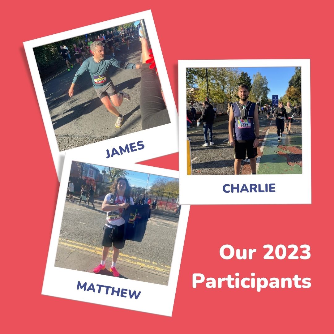 Polaroid style snaps of our three 2023 Manchester Half Marathon participants; Jeames, Charlie and Matthew