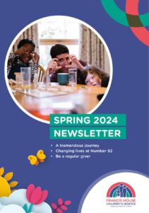 Newsletter cover image of a man and two children mimicking taking a photograph with their hands on a blue background with the words spring newsletter 2024