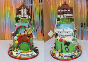 Two views of the front and back of a cake decorated in the style of a house
