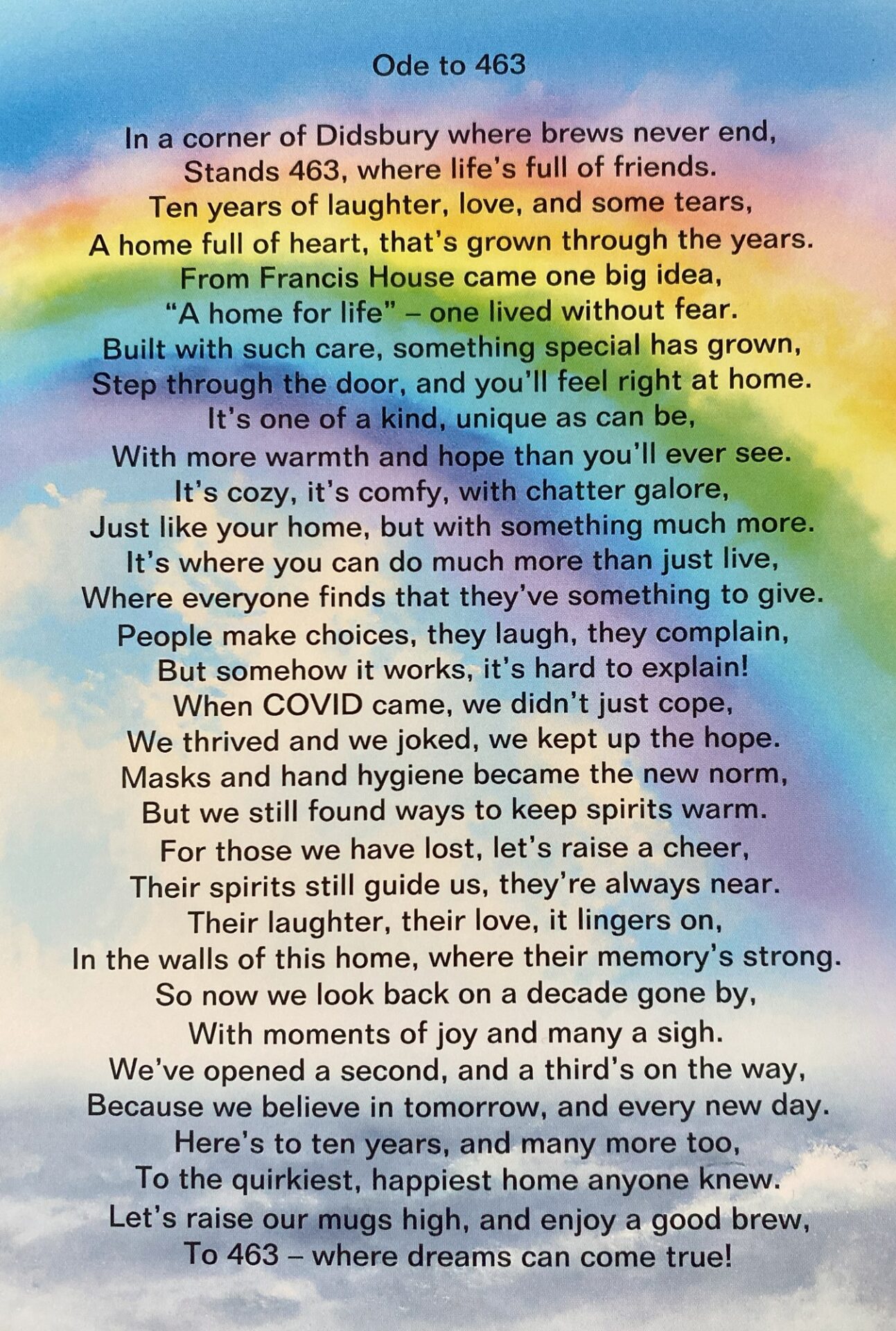 Poem written on a rainbow card