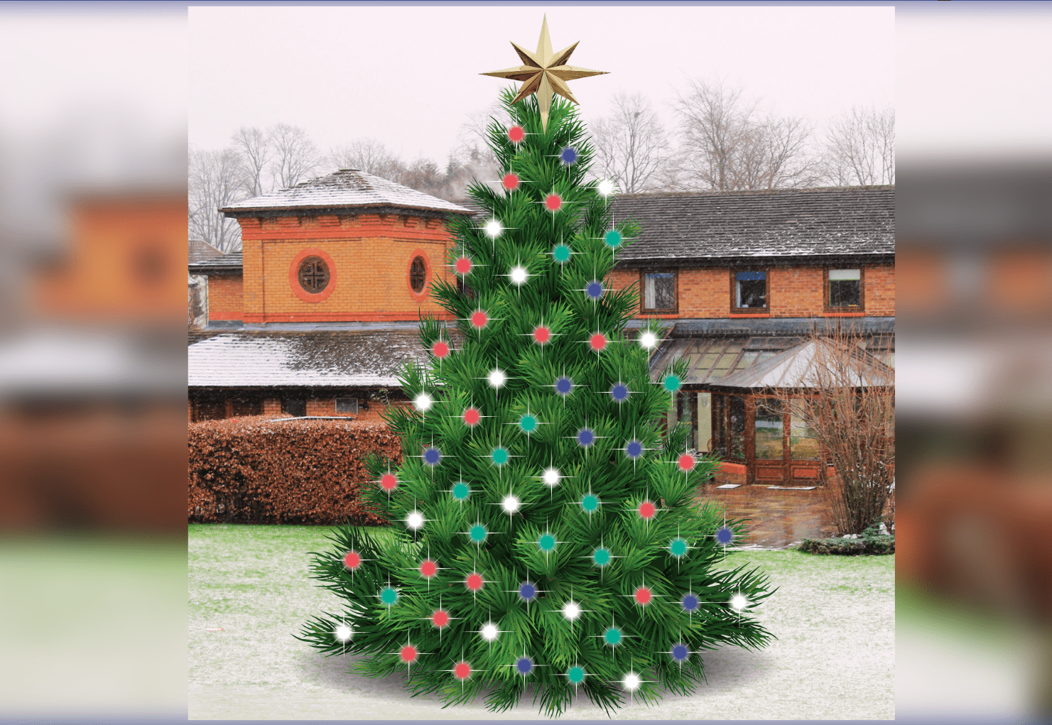 Virtual Christmas tree covered in coloured lights on the lawn at Francis House