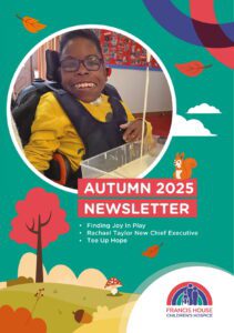 Cover of the Francis House autumn newsletter featuring a young boy wearing a yellow top and harness sat in a wheelchair smiling at the camera as a creamy liquid of pancake mixture is poured into a plastic bowl in front of him.