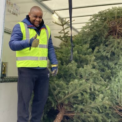 Man wearing a hi-vis jacket stood in the back of a white van containing Christmas trees to be taken for recycling