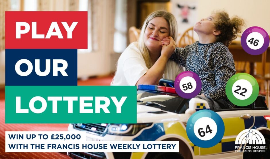 Poster advertising a lottery featuring a picture of a woman and child smiling with colourful lottery balls