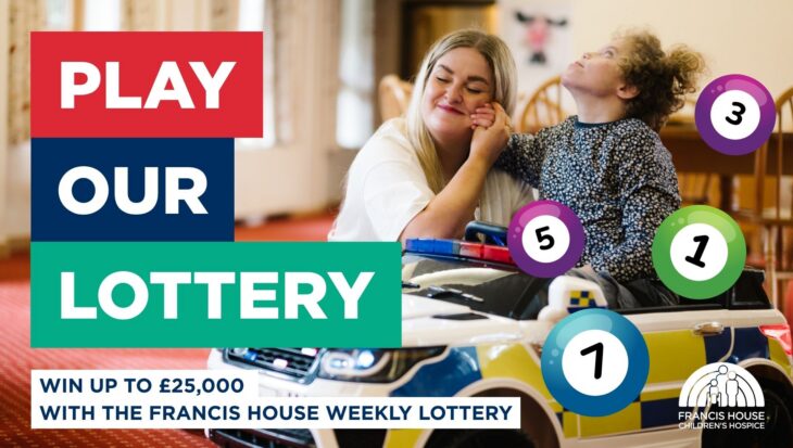 Poster advertising a lottery featuring a picture of a woman and child smiling with colourful lottery balls