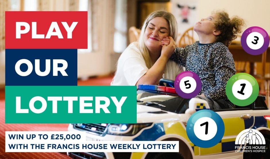 Poster advertising a lottery featuring a picture of a woman and child smiling with colourful lottery balls