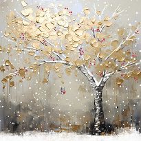 Winter scene on a Christmas card of a tree with gold leaves and a robin flying below it