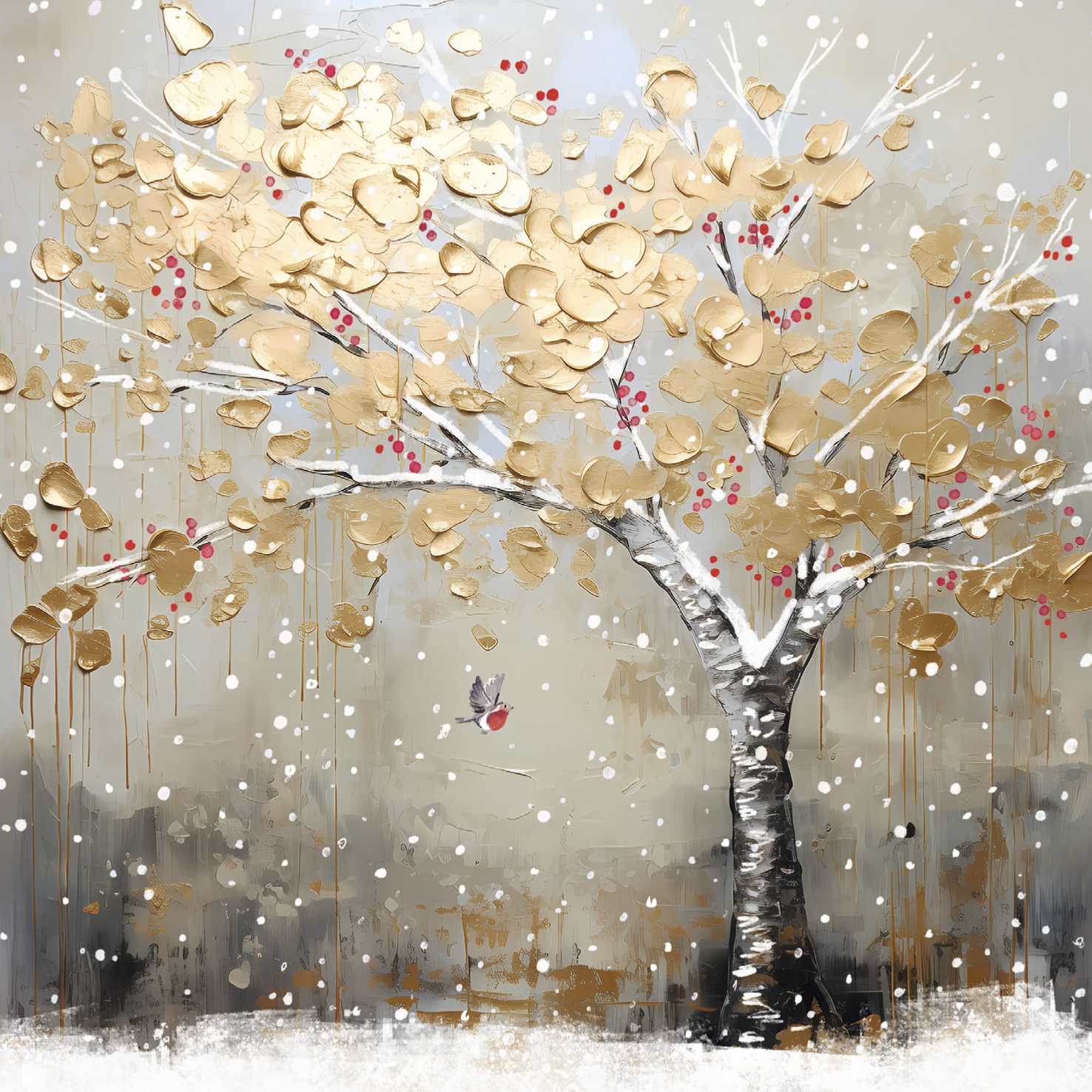 Winter scene on a Christmas card of a tree with gold leaves and a robin flying below it